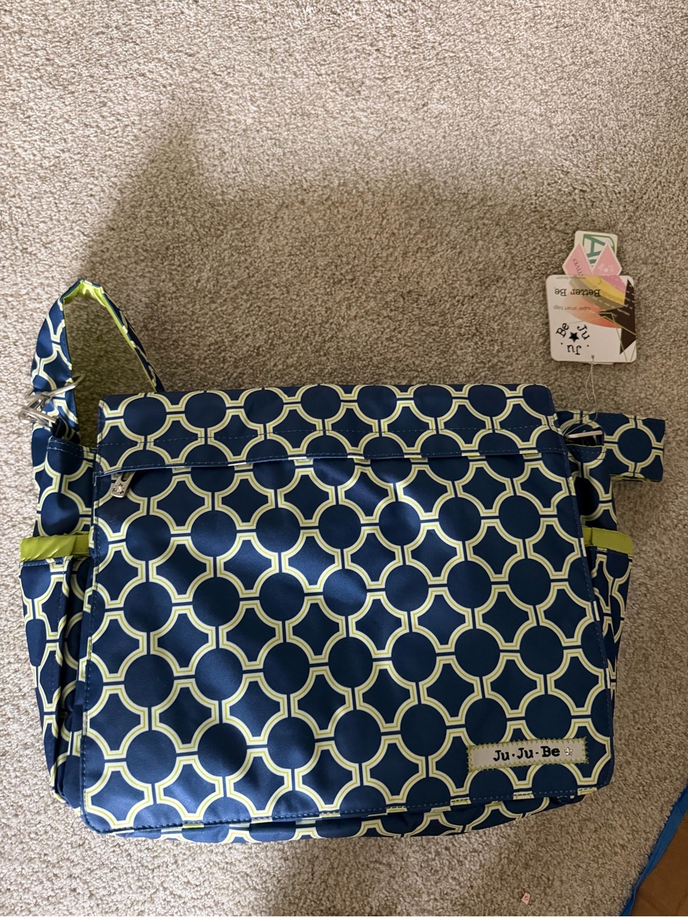 NWT Ju-Ju-Be Better Be Diaper Bag Navy Lime Geometric Messenger + Changing Pad